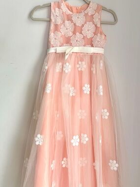 Girls' Peach Pink Floral Tulle Formal Dress with Satin Waist Bow